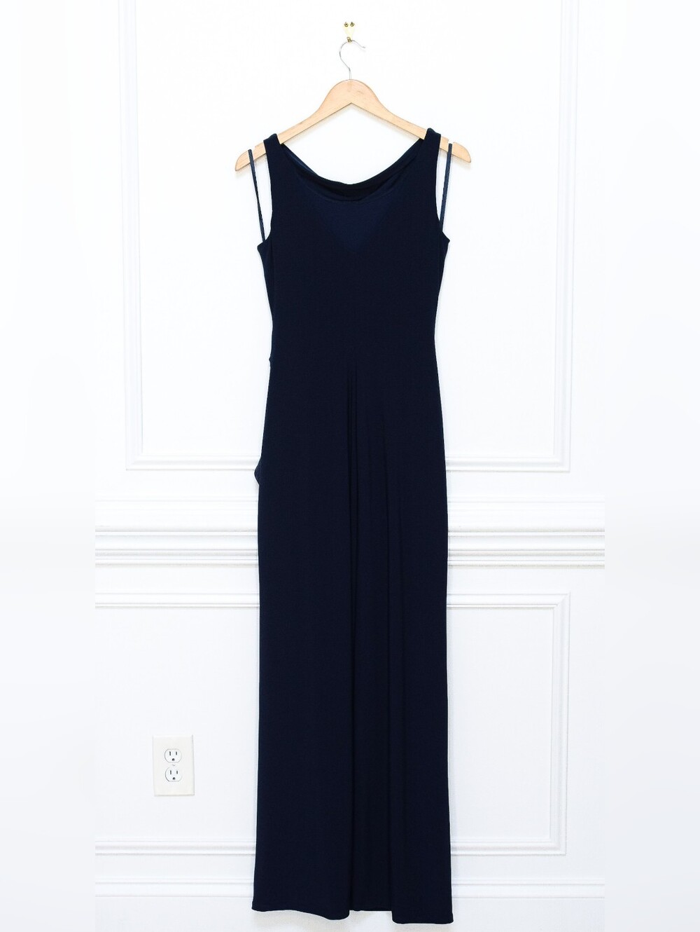 Lauren Ralph Lauren Navy Blue Ruched Evening Gown Ruffle Trim Side Slit Size 6 - Picture 8 of 14